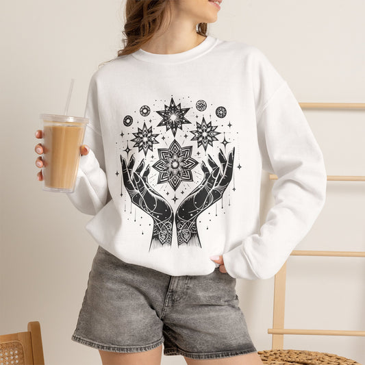 Crystal Energy Hands Crewneck Sweatshirt, Mystic Crystal Healing Sweatshirt, Boho Witchy Pullover, Spiritual Gift for Her