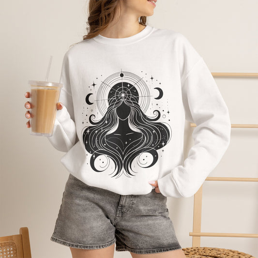 Starseed Woman Crewneck Sweatshirt, Sacred Geometry Sweatshirt, Cosmic Celestial Pullover, Spiritual Gift for Her